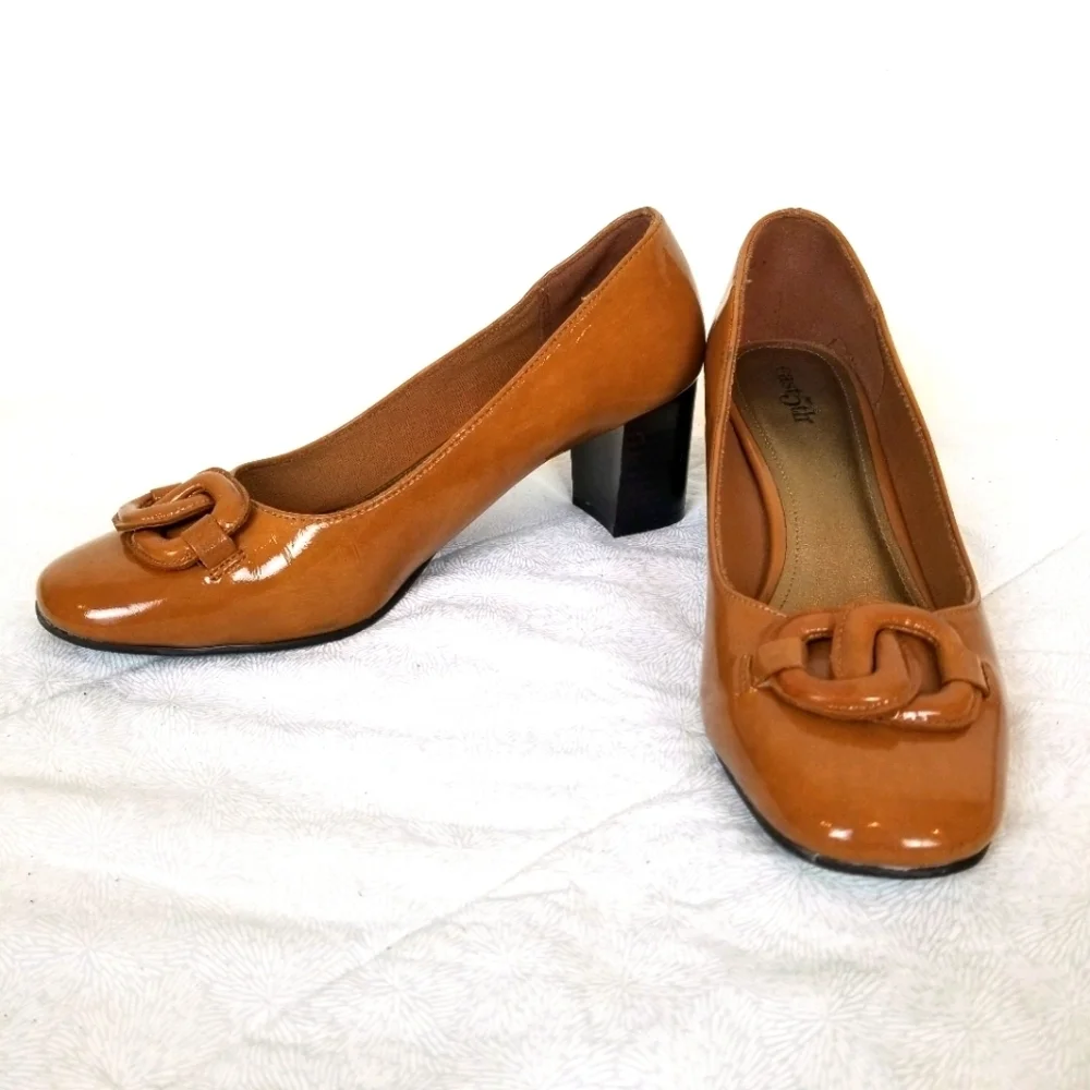 East 5th Ave deep yellow faux patent leather loafers block heel grandma chic 7